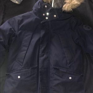 Navy blue unisex winter down coat with fur.